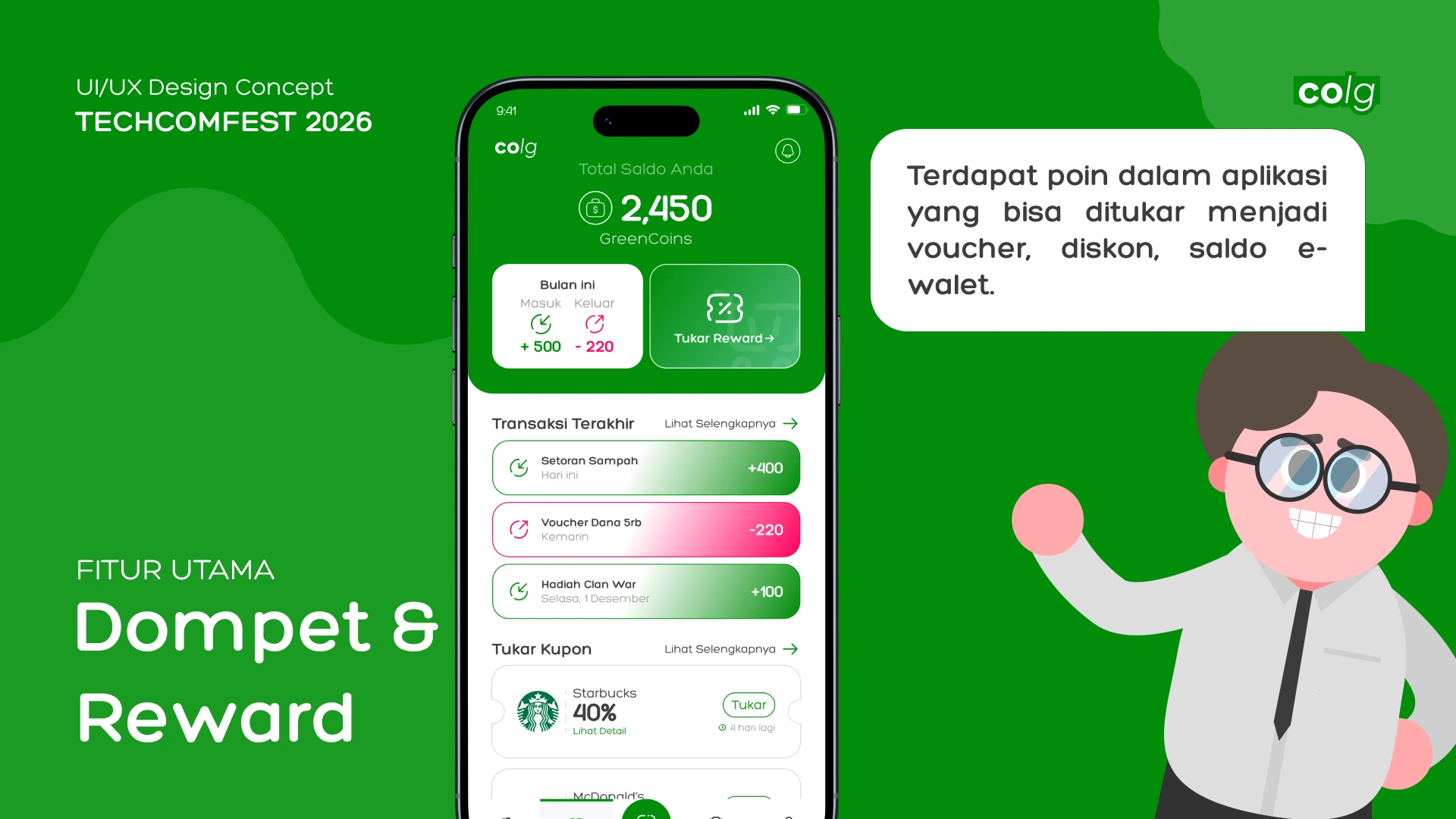 GreenCoins wallet screen showing balance, transactions, and reward redemption